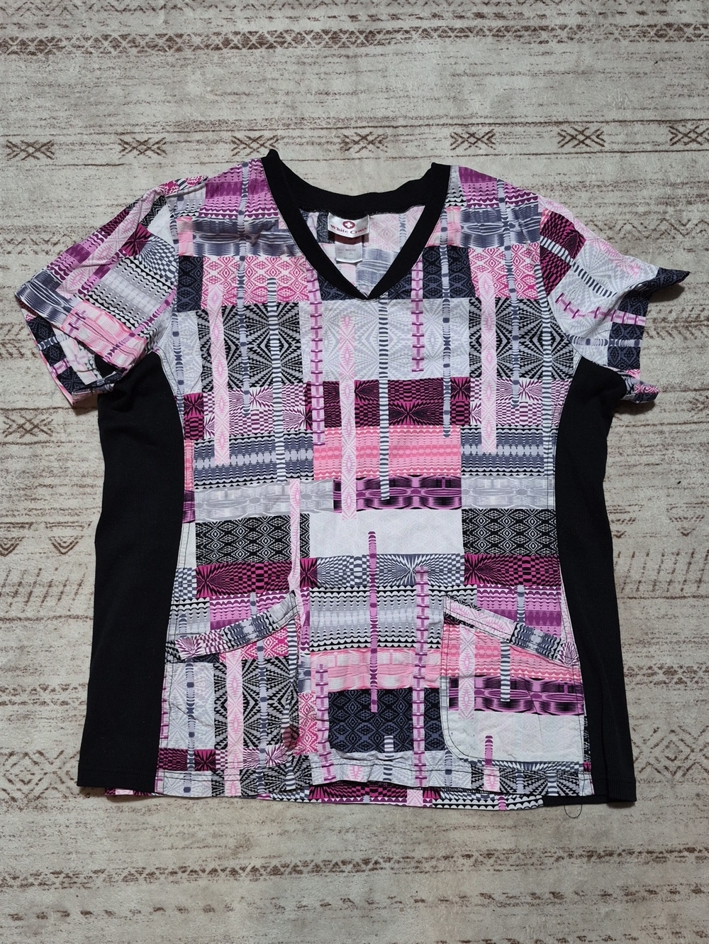 White Cross Pink & Black Patterned V-Neck Short Sleeve Scrub Top